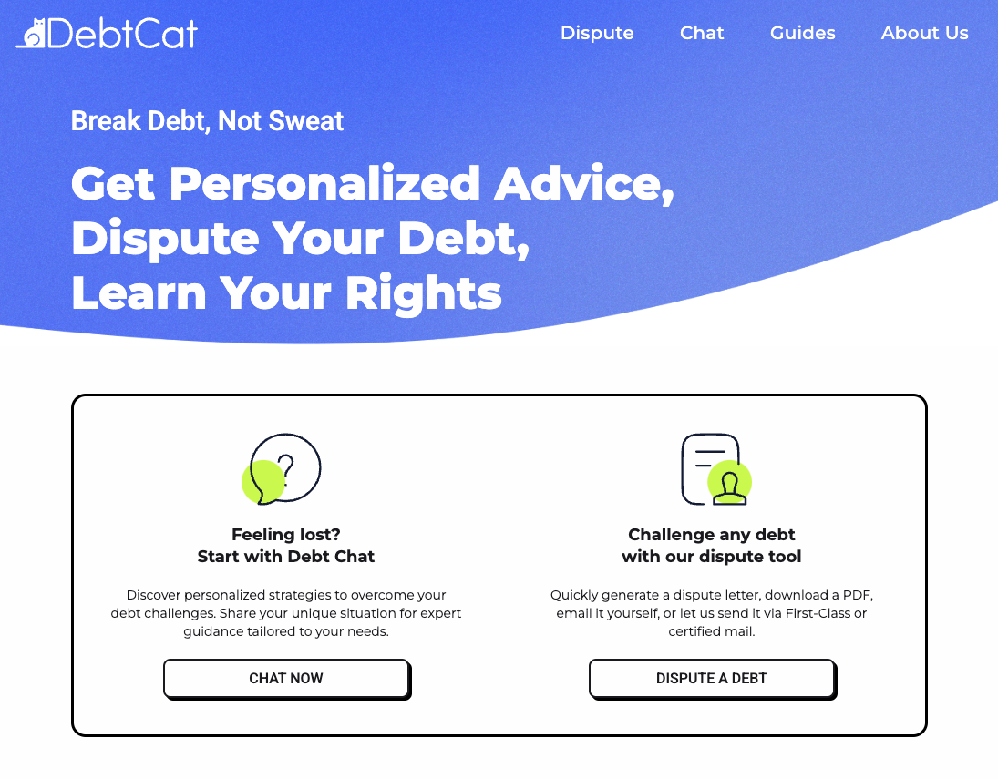 DebtCat homepage showing the "Break Debt, Not Sweat" headline