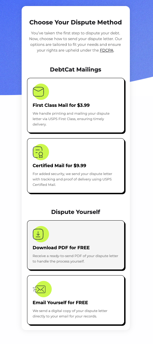 The DebtCat dispute tool interface