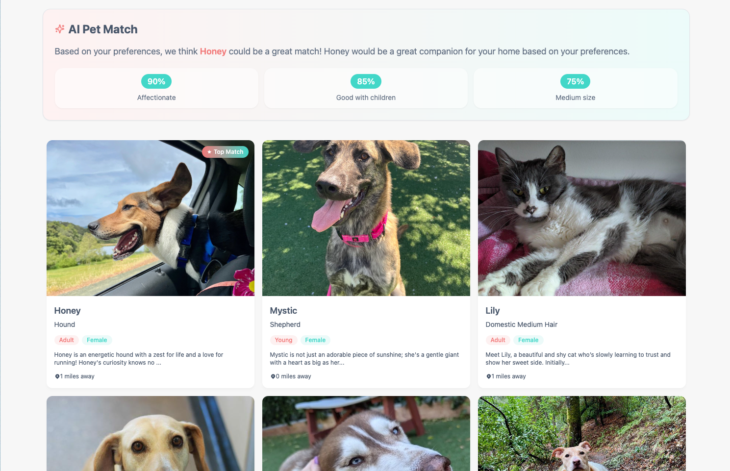 Results page showing AI-powered recommendation