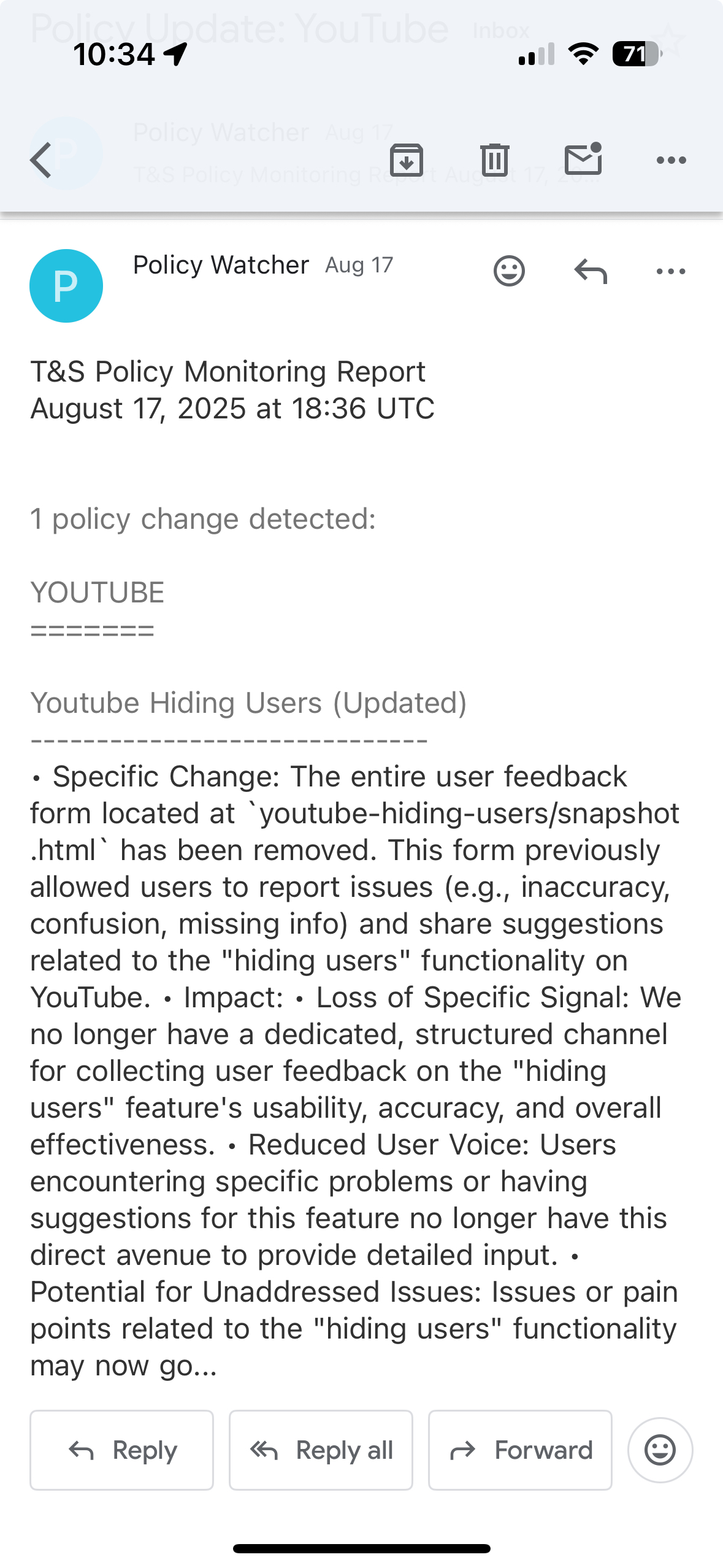 Mobile email alert — example of a concise AI-generated policy update summary