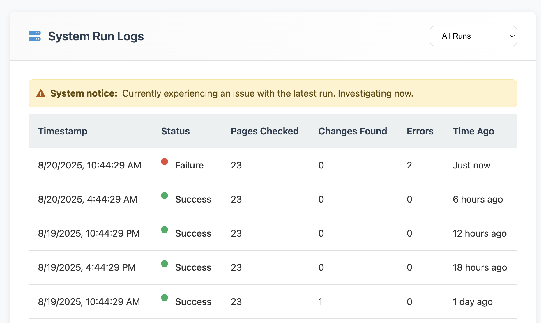 Run error state and system health — recent runs with failure surfaced and triaged